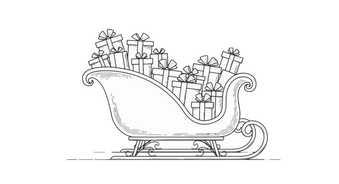 Black and white line art illustration of a traditional Christmas sleigh overflowing with wrapped gift boxes and bows, isolated on a plain white background for coloring or design.