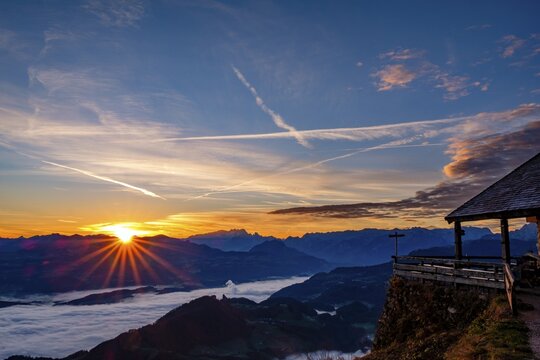 Sunrise at the Toni-Lenz-H&uuml;tte, behind Osterhorngruppe, Dachstein and Tennengebirge, in the valley fog, Marktschellenberg, Berchtesgadener Land, Upper Bavaria, Bavaria, Germany