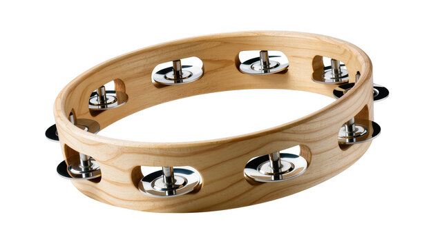 Natural wood tambourine with shiny metal jingles, isolated on transparent background