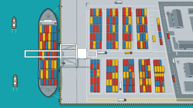 Aerial top view of cargo ship at container terminal.