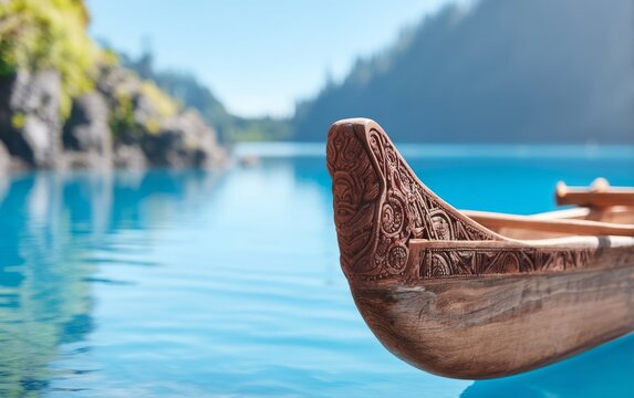Traditional Hawaiian Canoe with Koa Wood in Tropical Blue Water Setting