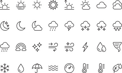 Fototapeta premium Set of 35 black outline weather featuring sun, clouds, rain, and temperature symbols