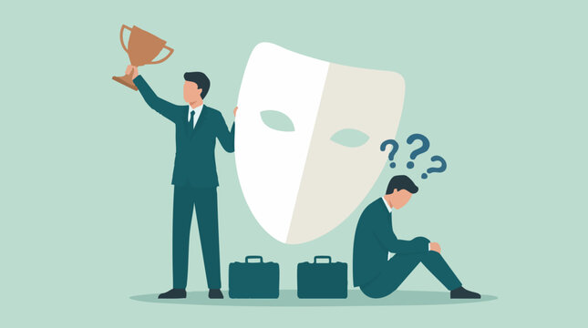 Imposter Syndrome Concept: Businessman Hiding Inner Doubt Behind Mask