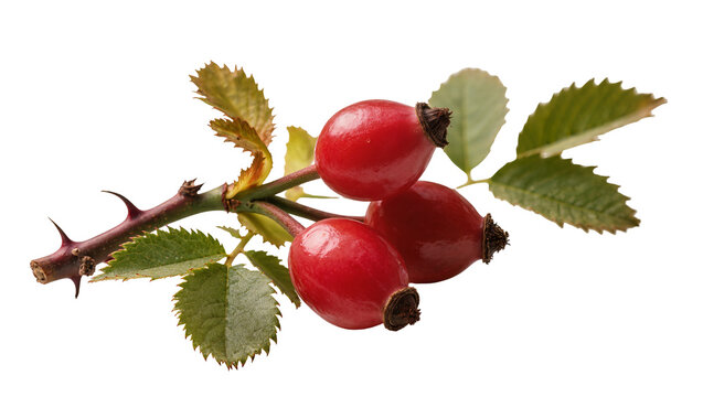 Three ripe red rose hips with serrated green leaves, isolated on transparent background