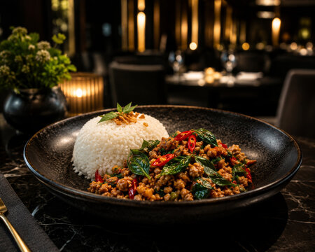  Arroz blanco acompa&ntilde;ado de carne picada salteada con albahaca y chile, presentado en un elegante plato negro con un estilo contempor&aacute;neo.