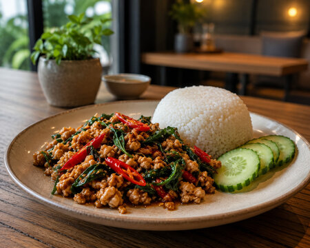  Pad Krapow servido con arroz blanco, pepino fresco y carne picada salteada con albahaca y chiles, ofreciendo una comida tradicional llena de sabor.