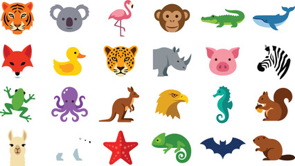 Obraz premium Cute Cartoon Wild Animals and Zoo Safari Flat Icon Set Featuring Mammals Birds Marine Life Amphibians Reptiles and Nature Wildlife Vector Mascot Elements