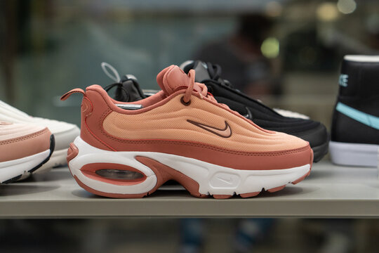 Brand new Nike sneakers shoes. Nike casual sports shoes on showcase in shoe store. Minsk, Belarus - March 30, 2026