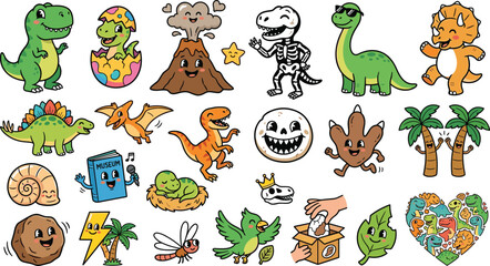 Cute Cartoon Dinosaur and Prehistoric Wildlife Sticker Set with Kawaii Dino Mascot Elements Volcano Fossil Bone Hatching Egg and Ancient Nature Vector Illustrations © Asma Studio