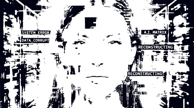 Digital Glitch Woman Face AI Matrix System Error Data Corrupt Reconstructing
