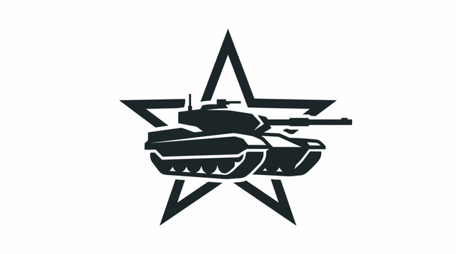 Military combat tank inside star silhouette logo, army defense force vector icon