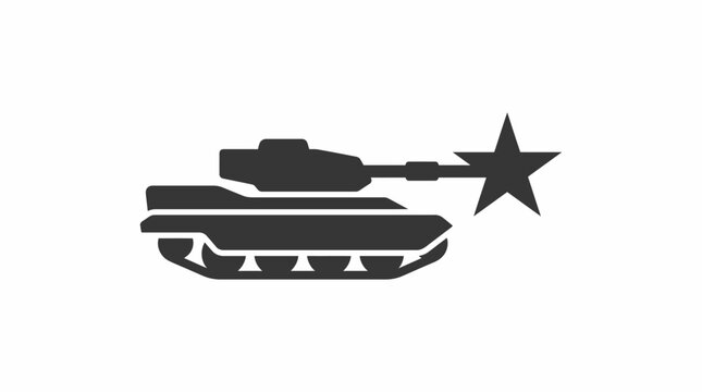 Armored military tank with star explosion logo, tactical artillery attack vector icon