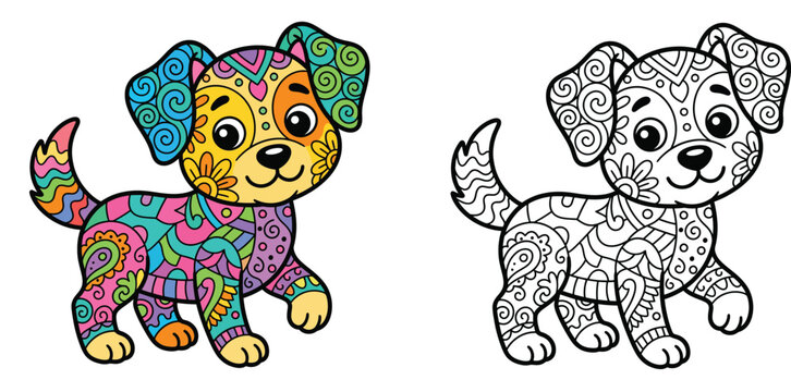 Colorful and Black and White Zentangle Puppy Illustration Intricate Mandala Dog Coloring Page for Kids and Adults Decorative Vector Art