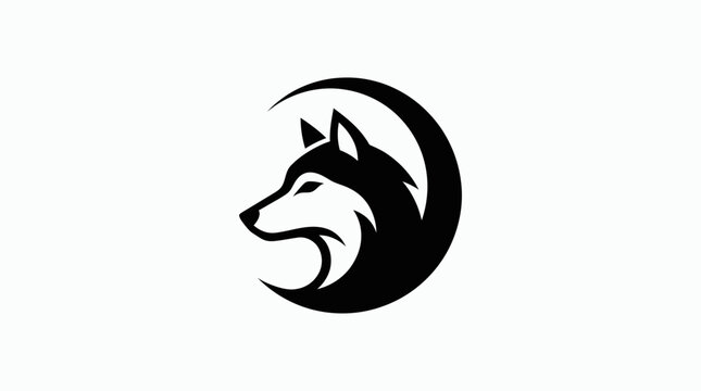 Wild wolf profile inside crescent moon logo, lunar coyote predator vector icon