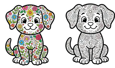 Stained Glass Style Puppy Dog Coloring Page Colorful Mosaic Dog Illustration and Black Outline Vector Set for Kids Activity © AbuNazam