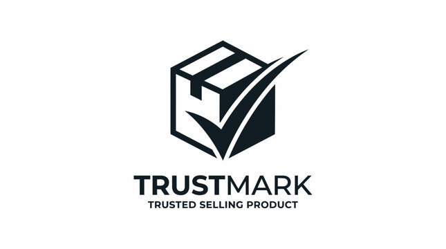 Trustmark logistics box checkmark logo, trusted selling shipping product vector icon