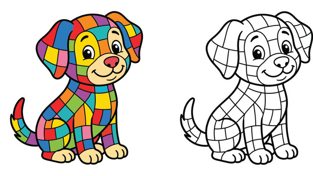 Zentangle Puppy Mandala Coloring Page, Intricate Dog Illustration for Adults and Kids Colorful Mandala Dog and Black Outline Vector Art