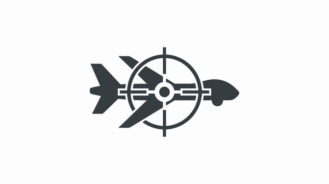 Airplane inside tactical target crosshair logo, aviation tracking radar vector icon
