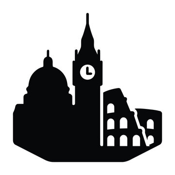 European city silhouette with clock tower and domed building black on white
