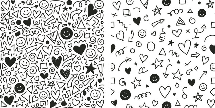 Hand drawn doodle arrows shapes and smiley faces seamless pattern for scrapbooking crafts and design projects