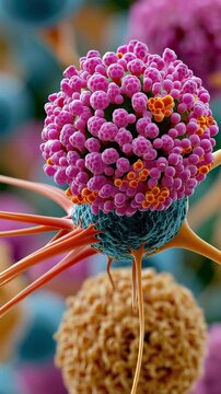Animated cell cleaning another cell, vertical video featuring microscopic biology, immune system action, cellular repair and scientific medical visualization