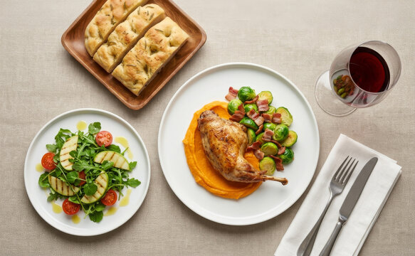 Roasted rabbit leg with Brussels sprouts and bacon on carrot pur&eacute;e, served with a grilled apple and green leaf salad, focaccia bread, and a glass of red wine; top-down view