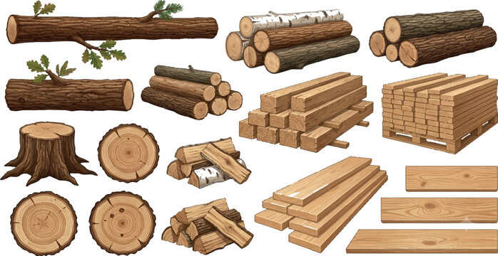 Timber, Tree Trunk and Wooden Plank Vector Collection, Forestry Illustration, isolated on transparent background
