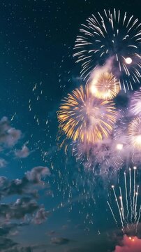 Colorful fireworks exploding in the night sky, vertical video featuring dazzling pyrotechnic bursts, festive celebration and vibrant sparkling light effects