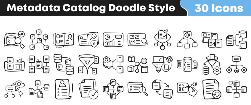 Hand drawn metadata icons set featuring simple doodle style graphics