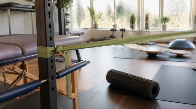 Physiotherapy clinic gym, pilates studio and resistance band with foam roller, balance board and massage table for recovery. Exercise, fitness and wellness room for physical rehabilitation therapy.