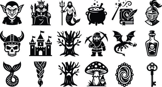 Fantasy Fairytale and Folklore Black Glyph Icon Set Featuring King, Neptune, Dragon, Goblin, Poison Potion, and Medieval Castle Elements