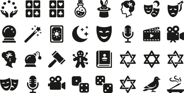 Magic and Theater Performance Black Glyph Icon Set Featuring Magician Tricks, Fortune Telling, Gambling Dice, Acting Masks, and Entertainment Show Symbols