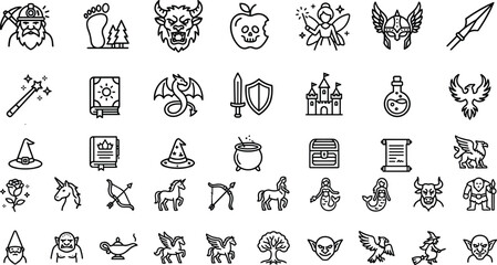Obraz premium Fantasy Fairytale and Folklore Line Icon Set Featuring Magical Creatures, Unicorn, Dragon, Castle, Witch, and Medieval Storybook Elements