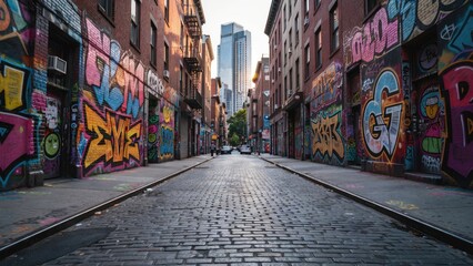 Naklejka premium Cobblestone street lined with graffiti-covered brick buildings and distant skyscraper