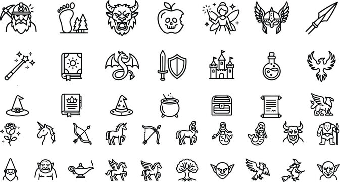 Fantasy Fairytale and Folklore Line Icon Set Featuring Magical Creatures, Unicorn, Dragon, Castle, Witch, and Medieval Storybook Elements