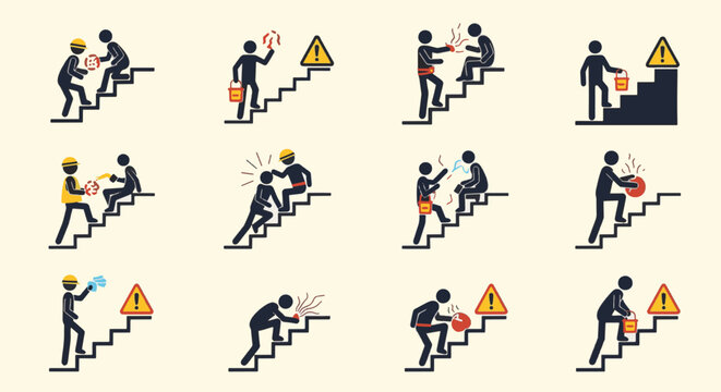 Vector illustration set of stick figure icons depicting industrial safety scenarios on stairs, featuring construction workers, hazard warnings, fire risks, and first aid.