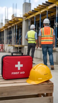 Workplace safety essentials with first aid box and hardhat at busy construction development