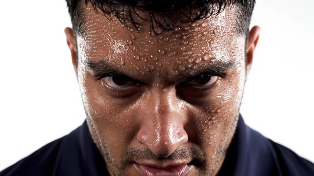 Close up portrait of a sweaty determined man looking intensely at the camera.
