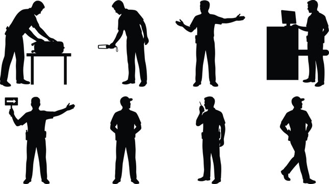 Airport security silhouettes set of officers checking luggage and directing passengers isolated on white background