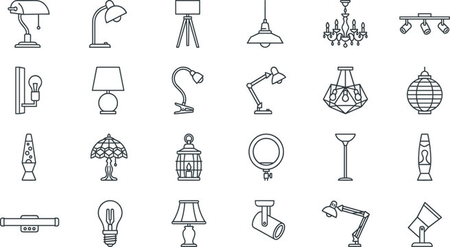 Home Lighting and Interior Lamp Line Icon Set with Desk Lamps Chandeliers Sconces Pendants Floor Lamps Ring Lights and Decoration Vector Symbols