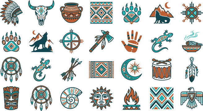 Native American Tribal Culture Icon Set with Ethnic Ornaments Aztec Symbols Headdress Wolf Eagle Totem and Shamanic Elements for Vector Design Projects