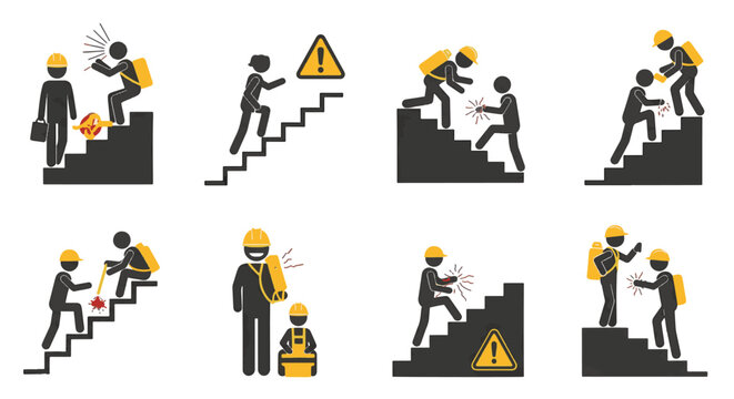 Vector set of industrial safety stick figure icons illustrating construction site accidents, injuries, slips, falls, and first aid emergency procedures on stairs and steps.