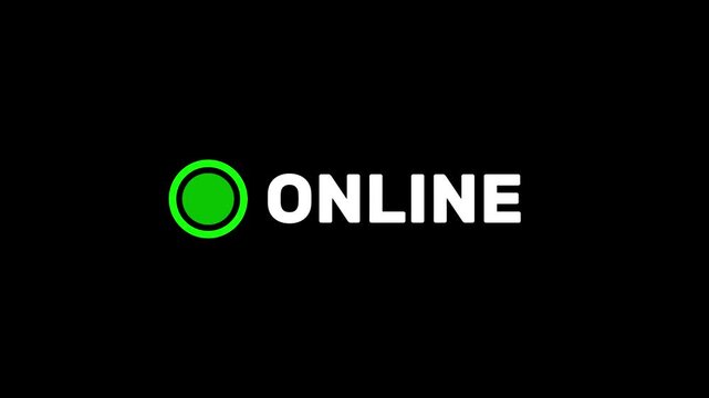 A clean dark animated screen featuring a small green glowing dot beside the white ONLINE text confirming an active live network connection