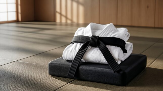 Karate martial arts, uniform and black belt in dojo for training, discipline and combat sports. Gi, white and folded on mat for judo, aikido and taekwondo practice with traditional zen floor.