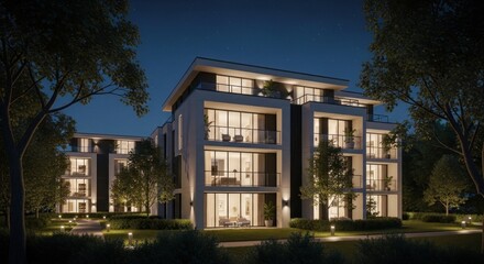 Fototapeta premium Luxury residential apartment building exterior at night.