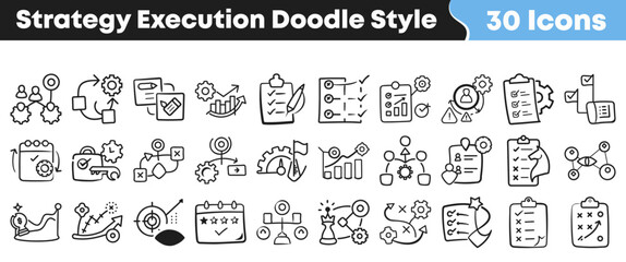 Naklejka premium Hand drawn strategy execution doodle icons set for business planning