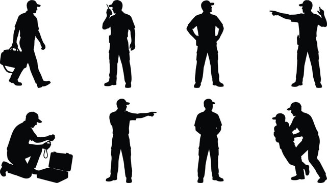 Paramedic and security guard silhouettes set of officers in uniform and action poses isolated on white background
