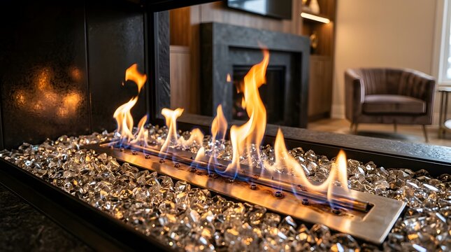 Indoor gas fireplace with orange and blue flames