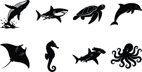 Sea creatures silhouettes set of marine animals including whale shark turtle and octopus isolated on white background © MstMahurun
