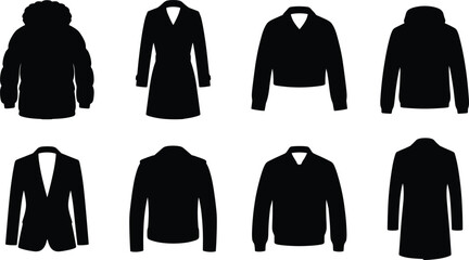 Vector collection of various outerwear silhouettes including winter coats puffer jackets hoodies and formal blazers © MstMahurun
